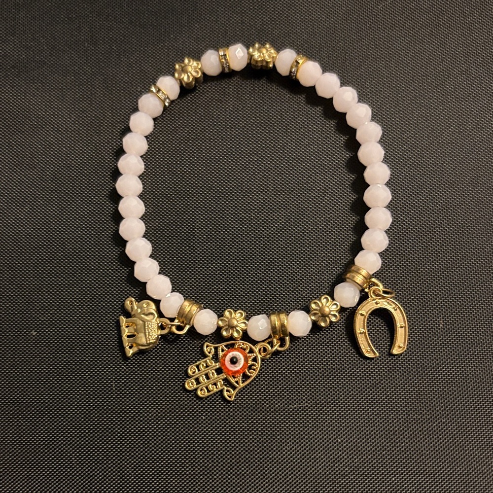 Gold and White Beaded Charm Bracelet